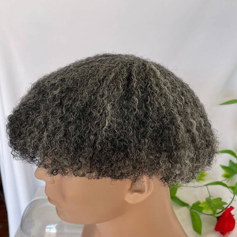 Men Toupee Human Hair Afro Curly 1B 50 Natural Black Mixed 50% Grey Toupee for Men 8x10 inch Afro Curl Toupee for Black Men Full French Lace Hair System 360 Weave Men Toupee Hair System - Image 3