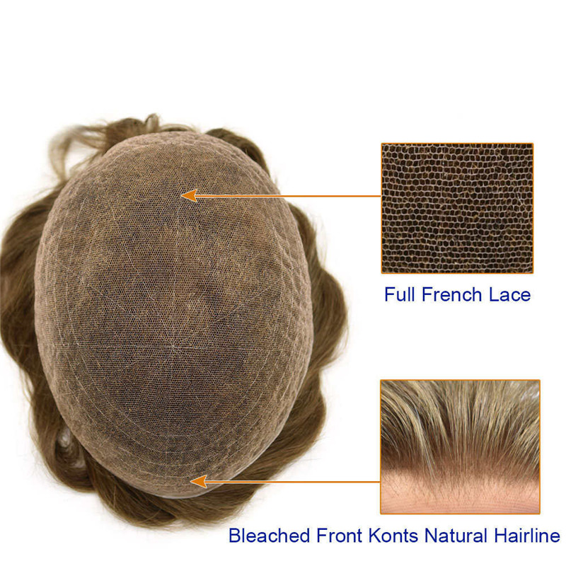 Pwigs Hairpiece Full French Lace Mens Toupee Bleached Knots Men Toupee Human Hair Wig Indian Remy Hair System Breathable 8x10 Toupee 18# Color - Image 5