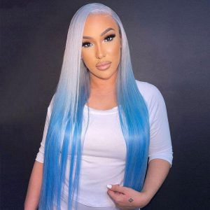 Straight Ombre Sliver and Blue Lace Front Human Hair Wigs 13x4 Lace Frontal Wig Long Hair Colored Lace Front Wig 150% - Image 2