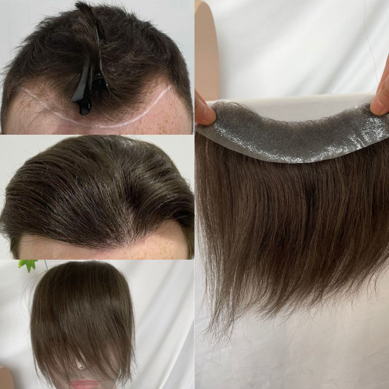 Men's V Loop Frontal Toupee PU Human Hair Hairline 100% Real Human Hair Male Replacement 4# Brown Color