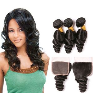 Lace Closure With 4x4 Free Part and 3 Bundles Loose Wave Natural Color Human Hair Unprocessed HairWeaves
