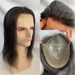 12" Mens Toupee Hair Replacement Systems Swiss Lace Front Natural Hairline Hairpieces Thin Skin PU V-looped 10"x8" Base 1B Black Mixed 20% Grey Synthetic Hair
