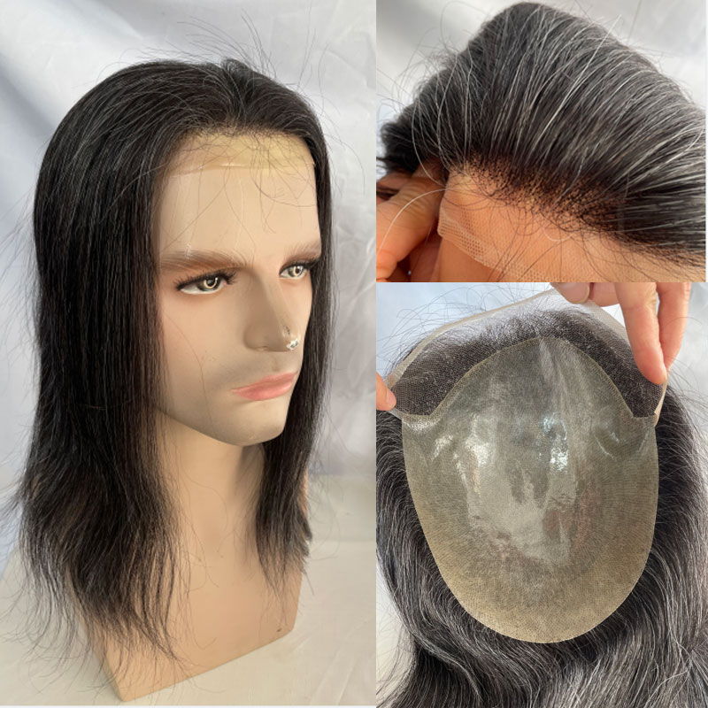 12" Mens Toupee Hair Replacement Systems Swiss Lace Front Natural Hairline Hairpieces Thin Skin PU V-looped 10"x8" Base 1B Black Mixed 20% Grey Synthetic Hair