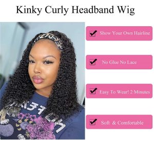 Kinky Curly Headband Wig Human Hair Wigs for Black Women Curly Headband Wigs Human Hair Glueless Brazilian Virgin Hair None Lace Front Wigs Remy Hair - Image 5