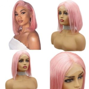 Light Pink Bob Colored 13x4 lace Front Wigs Human Hair Wigs Transparent Peruvian Remy Short Bob Lace Front Wigs Pre plucked  Wig 150%