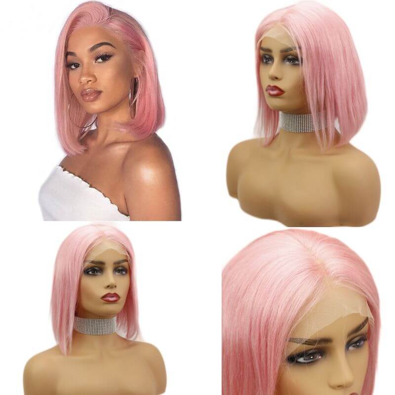 Light Pink Bob Colored 13x4 lace Front Wigs Human Hair Wigs Transparent Peruvian Remy Short Bob Lace Front Wigs Pre plucked Wig 150%