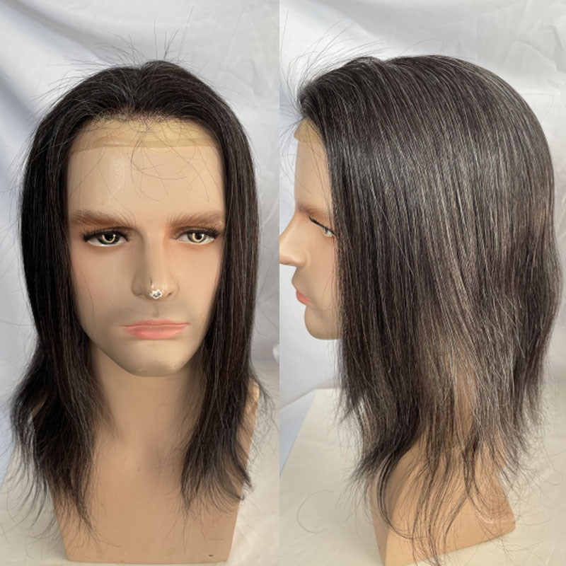 12" Mens Toupee Hair Replacement Systems Swiss Lace Front Natural Hairline Hairpieces Thin Skin PU V-looped 10"x8" Base 1B Black Mixed 20% Grey Synthetic Hair - Image 2