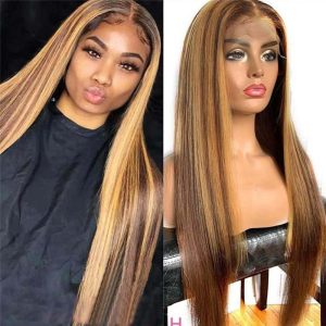 Ombre Straight Lace Front Wig Highlight 28Inch Lace Front Wig Brazilian Remy Highlight Wig Honey Brown Colored Human Hair Wigs - Image 5