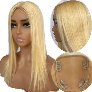 Human Hair Topper For Women Silk Base Closure 10A Virgin Brazilian Human Hair Clips Hair Topper Piano Colors Blonde 16inch Silk Straight Middle Part - Image 7