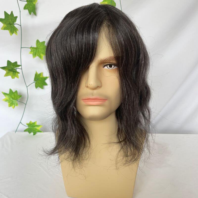 Pwigs Toupee for Men Full Thin Skin PU Cap Base 12inch Long European Human Hair Men Toupee Natural Hairline Hair System 1b Mixed with 60% White Hair Men Wigs - Image 9