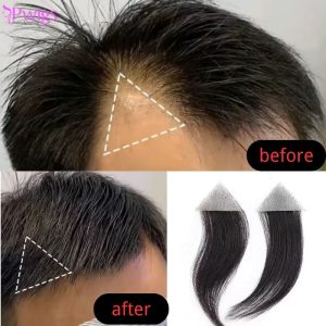 Men's V Loop Frontal Toupee Men's PU Human Hair Hairline 100% Real Human Hair Forehead Hair Patch Hairpiece Sideburns Toupee Men Invisible Seamless Ultra Thin Skin PU Men's Hair System 1B Color - Image 3