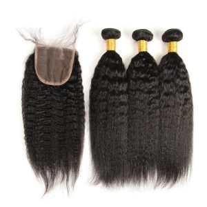 Mongolian Human Hair Kinky Straight Hair Bundles With Lace Closure 4pcs Mink Kinky Straight Hair - Image 3