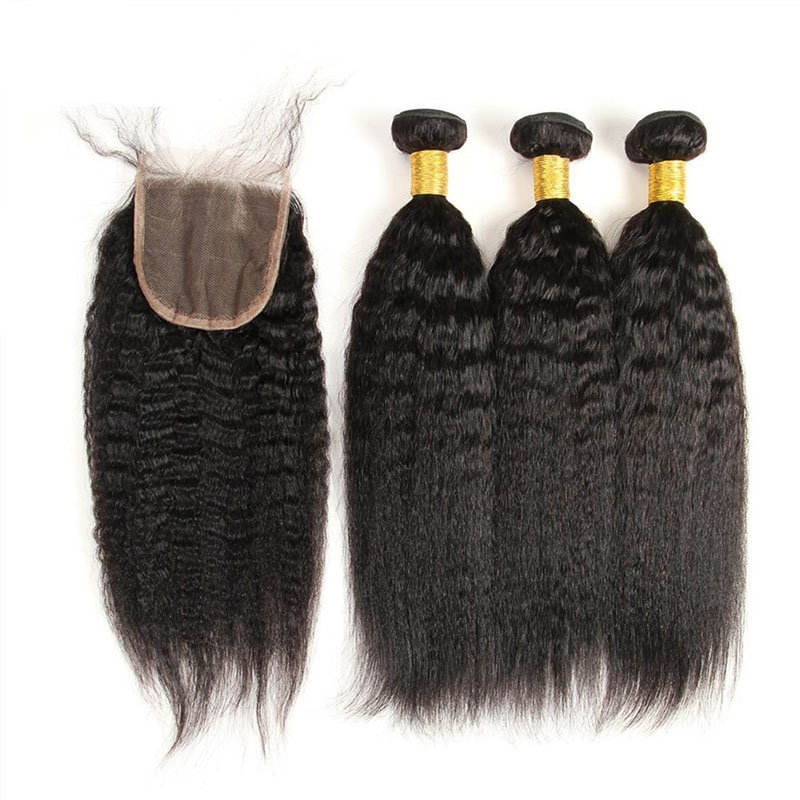 Mongolian Human Hair Kinky Straight Hair Bundles With Lace Closure 4pcs Mink Kinky Straight Hair - Image 3