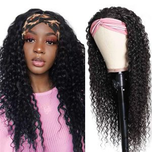 HeadBand Wig Curly Human Hair Wig None Lace Front Wigs for Black Women Deep Wave Machine Made Wigs Natural Color 150% Density