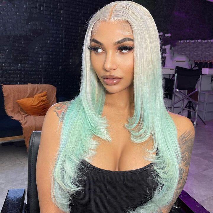 Straight Ombre 613 Blonde and Light Green Lace Front Human Hair Wigs 13x4 Lace Frontal Wig Long Hair Colored Lace Front Wig 150% - Image 2