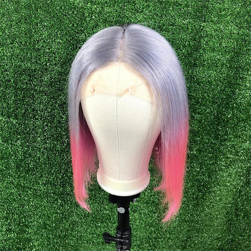 Transparent Lace Wigs Grey Pink Short Bob Human Hair Wigs Brazilian Remy Hair Wig Pre Plucked 150% Density - Image 3