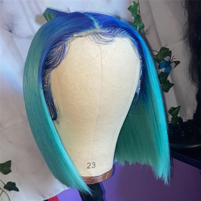 150% Straight Pink Ombre Bob Lace Front Wig Brazilian Remy Blue Bob Colored Human Hair Wigs For Women Transparent Lace Wigs - Image 4