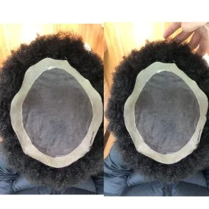 Alternative view of Pwigs African American Wigs Mono Lace with PU Base Mens Hairpiece 150%Density Afro Tight Curly Human Hair Toupee #1B Black 10x8inch