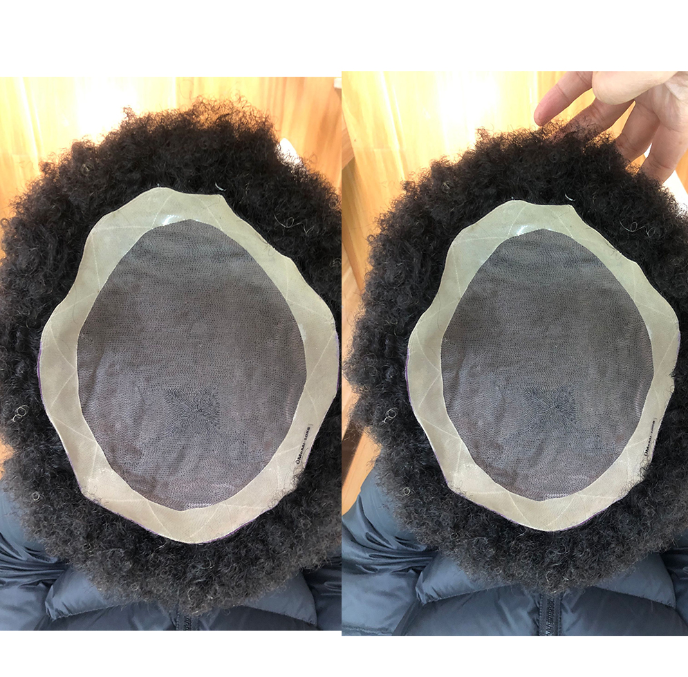 Pwigs African American Wigs Mono Lace with PU Base Mens Hairpiece 150%Density Afro Tight Curly Human Hair Toupee #1B Black 10x8inch - Image 2