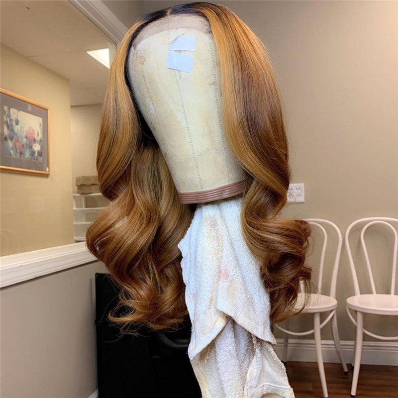 Human Hair Blond Ombre Color Black Root Lace Front Wig