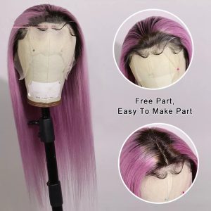 Lilac Purple With Dark Root Straight Lace Front Wigs Transparent Purple Lace Front Wig Straight Colored Human Hair Wigs For Women - Image 5