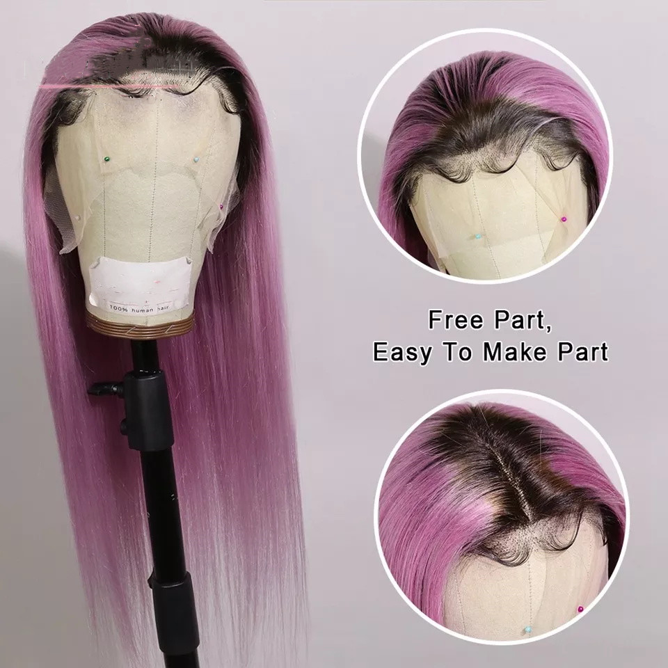 Lilac Purple With Dark Root Straight Lace Front Wigs Transparent Purple Lace Front Wig Straight Colored Human Hair Wigs For Women - Image 5
