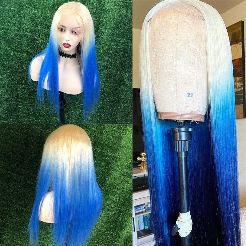 Straight 613 Blonde Blue Ombre Lace Front Wig Peruvian Remy Hair Colored Human Hair Wigs For Women Transparent Lace Wigs - Image 2
