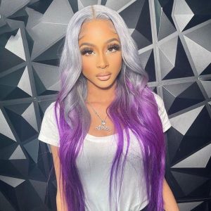 Silky Straight Wave Ombre Sliver and Purple Lace Front Human Hair Highlight Wigs 13x4 Lace Frontal Wig Long Hair Colored Lace Front Wig 150% - Image 2