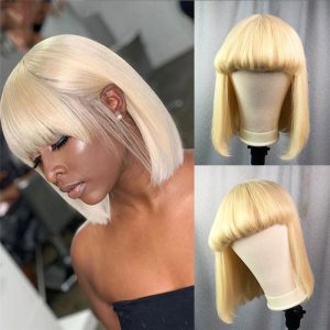 613 Blonde Bob Wig Human Hair Wigs With Bangs Brazilian Virgin Hair Straight Bob Machine Wigs For Women Transparent Lace Wigs - Image 3