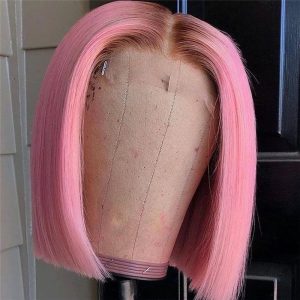 Alternative view of Peruvian Hair Pink with Brown Root Color Transparent Lace Wigs For Women Bob Colored Human Hair Wigs