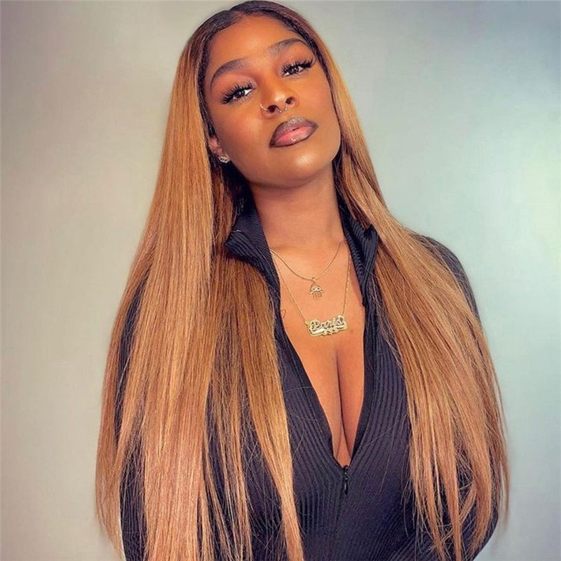Straight Brown 13x4 Lace Front Wig Honey Blonde Brazilian Remy 1b/27 Ombre Lace Front Human Hair Wigs For Women Bleach Knots - Image 3