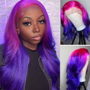 150% Density Purple Red Glueless Colored Human Hair Wigs For Women Brazilian Body Wave Ombre Lace Front Wig Bleached Knots - Image 4