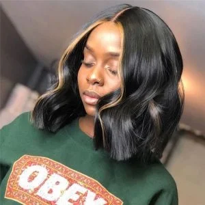 Alternative view of 150% Density Wavy Bob Wig Lace Front Human Hair Wigs Brazilian Remy Hair #27 Honey Blonde Highlight Bob Wigs For Women 8-26inch