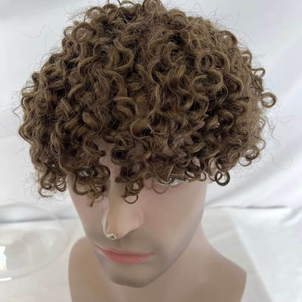 Toupee For Men Brown Color Curly Full Swiss Lace Base Remy European Human Hair System 8x10 Hair Prothesis - Image 2