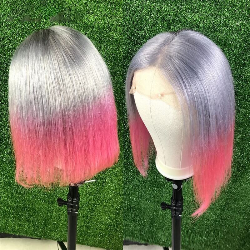 Transparent Lace Wigs Grey Pink Short Bob Human Hair Wigs Brazilian Remy Hair Wig Pre Plucked 150% Density - Image 2