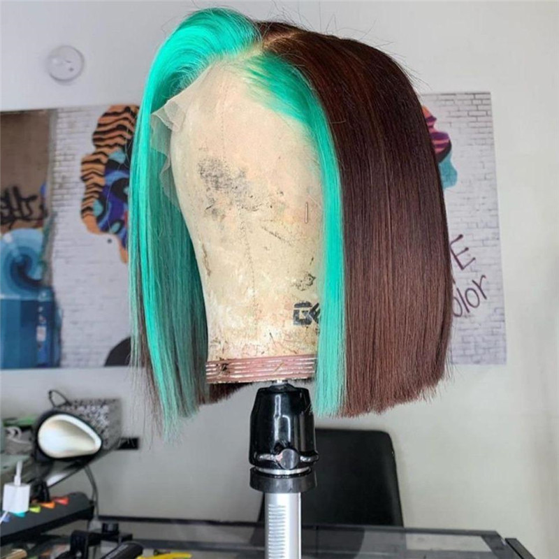 Human Hair Brown Color Aqua Green Lace Front Bob Wig