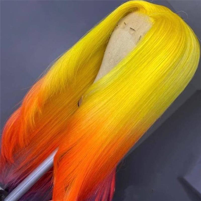 Straight Human Hair Wigs Bleached Knots Green Ombre Colored Human Hair Wigs Pre Plucked Brazilian Orange Ombre Lace Front Wig - Image 5