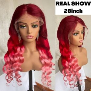 Peruvian Hair Pink Ombre Color Natural Wave Lace Front Wig - Image 3