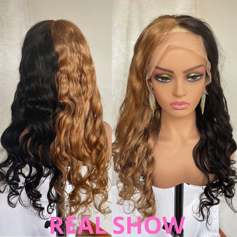 Human Hair Half Black Half Blond Color Lace Front Wig - Image 5