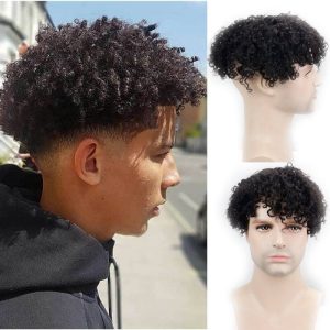 Toupee For Men Hair Replacement With Soft Skin Swiss Lace Kinky Curly PU Hairpiece For Men 100% Remy Human Hair Colo 1B