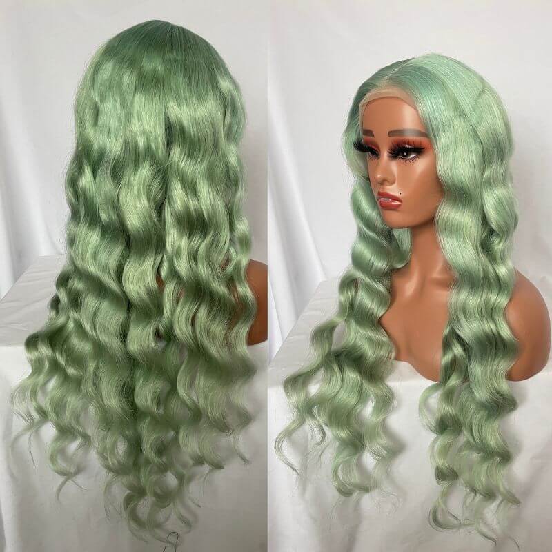 Green Hair Transparent Lace Wigs Mint Green Colored Body Wave Human Hair Lace Wigs Brazilian Remy Ombre Human Hair Wigs For Women - Image 3