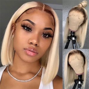 Straight T4/613 Ombre Blonde Lace Front Wig Brazilian Remy Bob Human Hair Wigs 13x4 Transparent Lace Pre Plucked Closure Wig - Image 4
