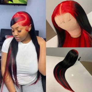 Ombre Lace Front Wig Demon Red & Black Two Tones Long Straight 13x4 Human Hair Lace Wig Colored Human Hair Wigs For Women 150% - Image 3
