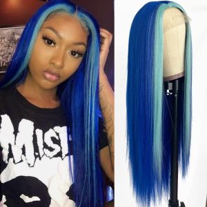 Alternative view of Water Blue and Blue Skunk Stripe Wigs Straight Lace Wig Lace Front Human Hair Wigs Brazilian Remy Hair Blue Highlight Bob Wigs For Women 8-28 inch 150% Density
