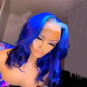 Bob Wavy Blue Wig Brazilian Remy Hair Blue Human Hair Lace Wig Bob Ombre Human Hair Wigs For Women Transparent Lace Wigs 150%