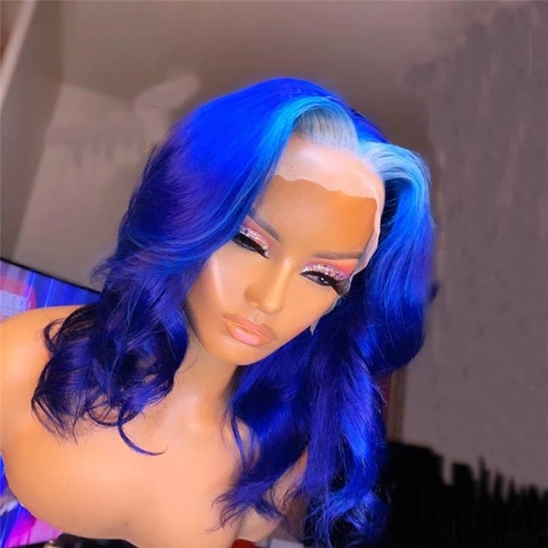Bob Wavy Blue Wig Brazilian Remy Hair Blue Human Hair Lace Wig Bob Ombre Human Hair Wigs For Women Transparent Lace Wigs 150%