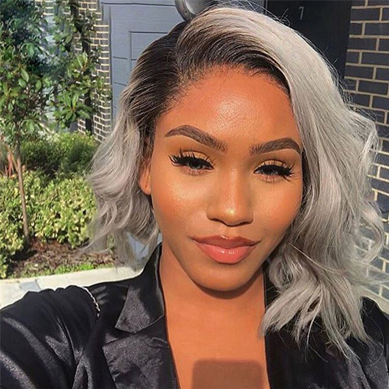 1B/Grey Human Hair Wig Wavy Bob Lace Front Human Hair Wigs Brazilian Remy Preplucked Grey Colored Lace Front Wigs Closure Wig - Image 4