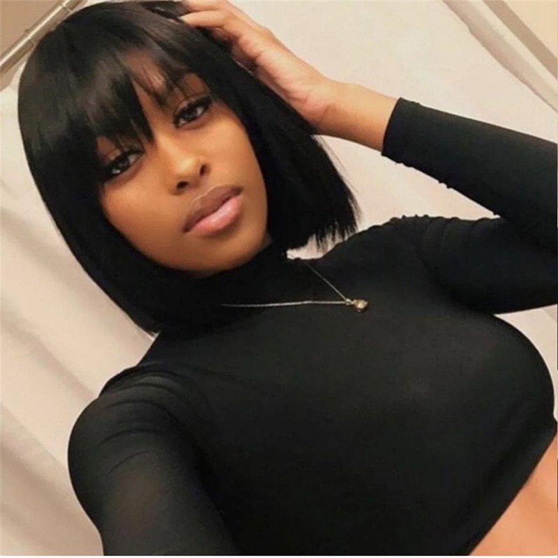 13x4 Short Bob Lace Front Human Hair Wigs With Bangs Brazilian Remy Hair Closure Wig With Bangs Bob Frontal Wigs For Women 150% - Image 4