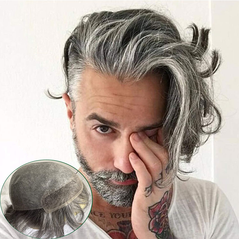 Toupee for Men 100% Human Hair Swiss Lace Front Hair Pieces PU V-looped Men's Hair Replacement System 1B Mixed 80% Grey Hair - Image 9