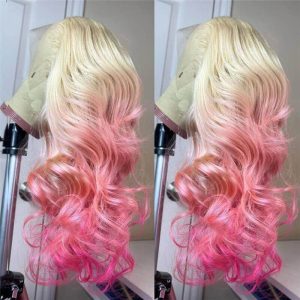 Blonde Ombre Pink Lace Front Human Hair Wigs Body Wave 13x4 Lace Frontal Wig 28inch Long Wavy Colored Lace Front Wig 150%